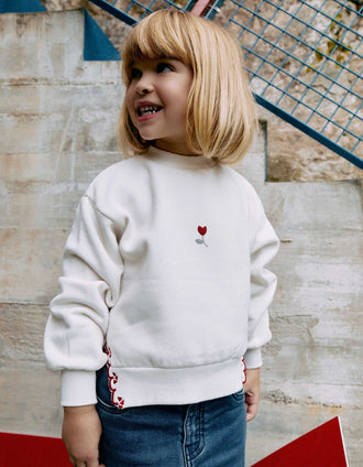 Brushed sweatshirt with embroidered flower for girls, white