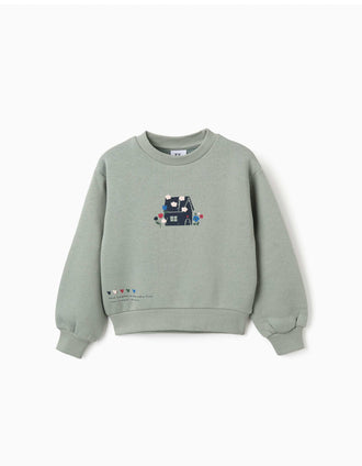 Sudadera perchada con estampado floral en relieve para niña, verde