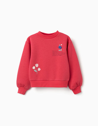 Brushed sweatshirt with embossed floral print for girls, red
