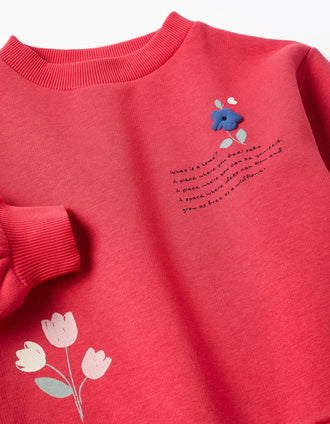Brushed sweatshirt with embossed floral print for girls, red