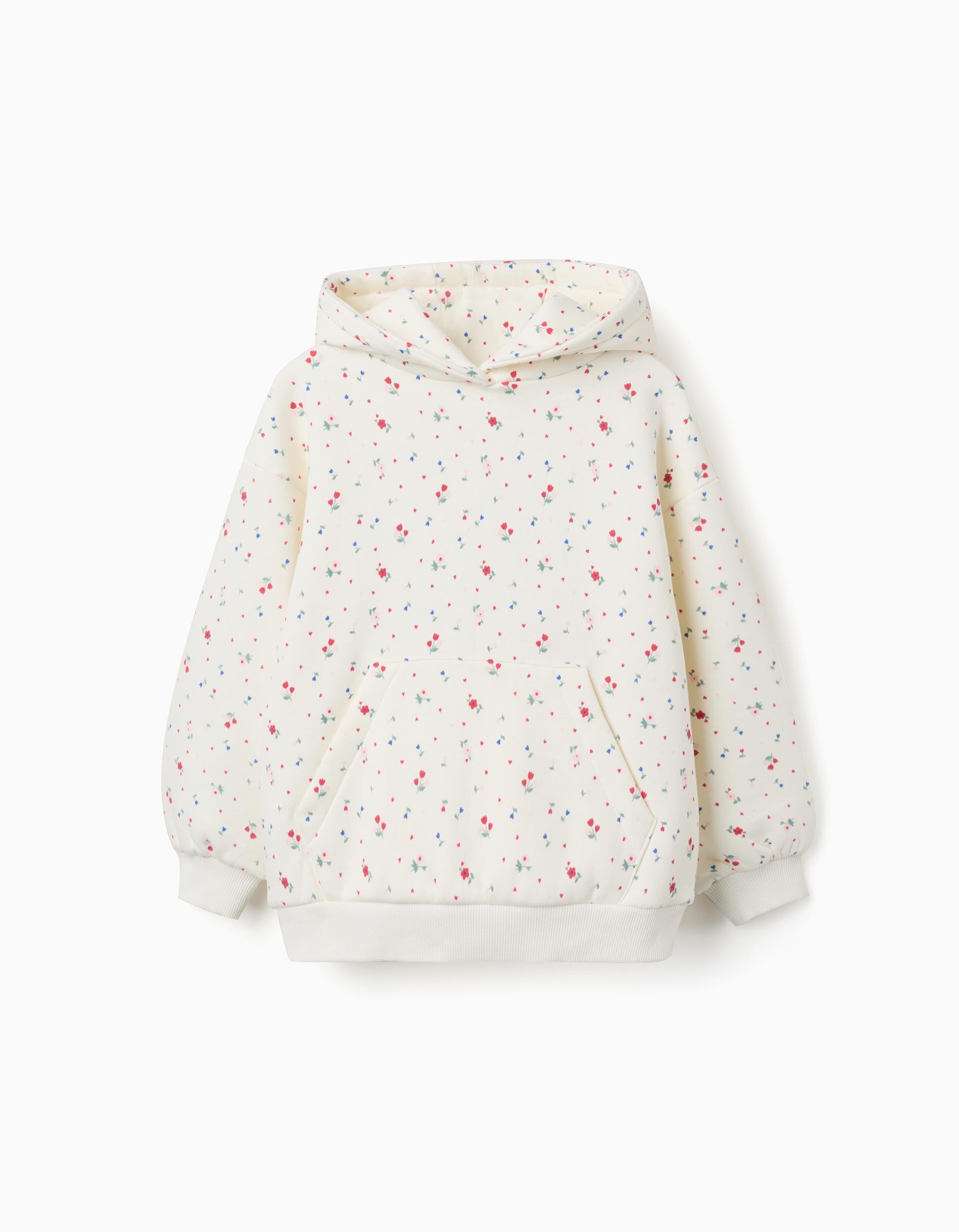 Brushed hooded sweatshirt with floral pattern for girls, white