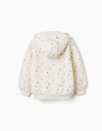 Brushed hooded sweatshirt with floral pattern for girls, white