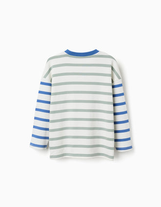 T-shirt à manches longues à rayures pour garçon, bleu/vert/blanc