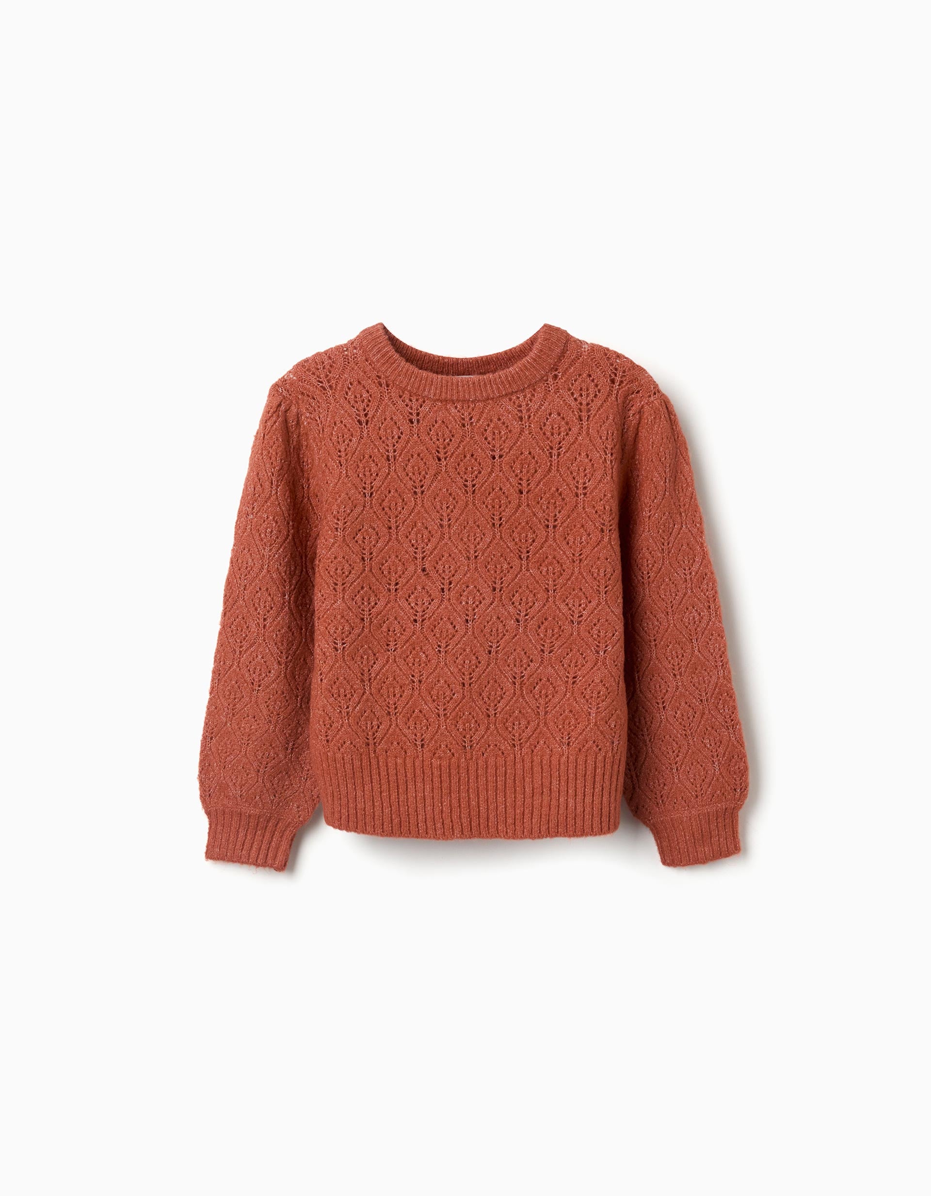 Pull en maille ajourée avec manches bouffantes pour fille, terracotta