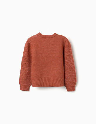 Pull en maille ajourée avec manches bouffantes pour fille, terracotta