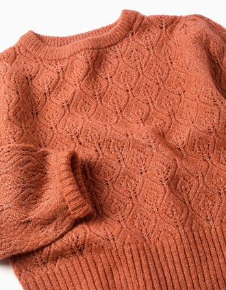 Pull en maille ajourée avec manches bouffantes pour fille, terracotta