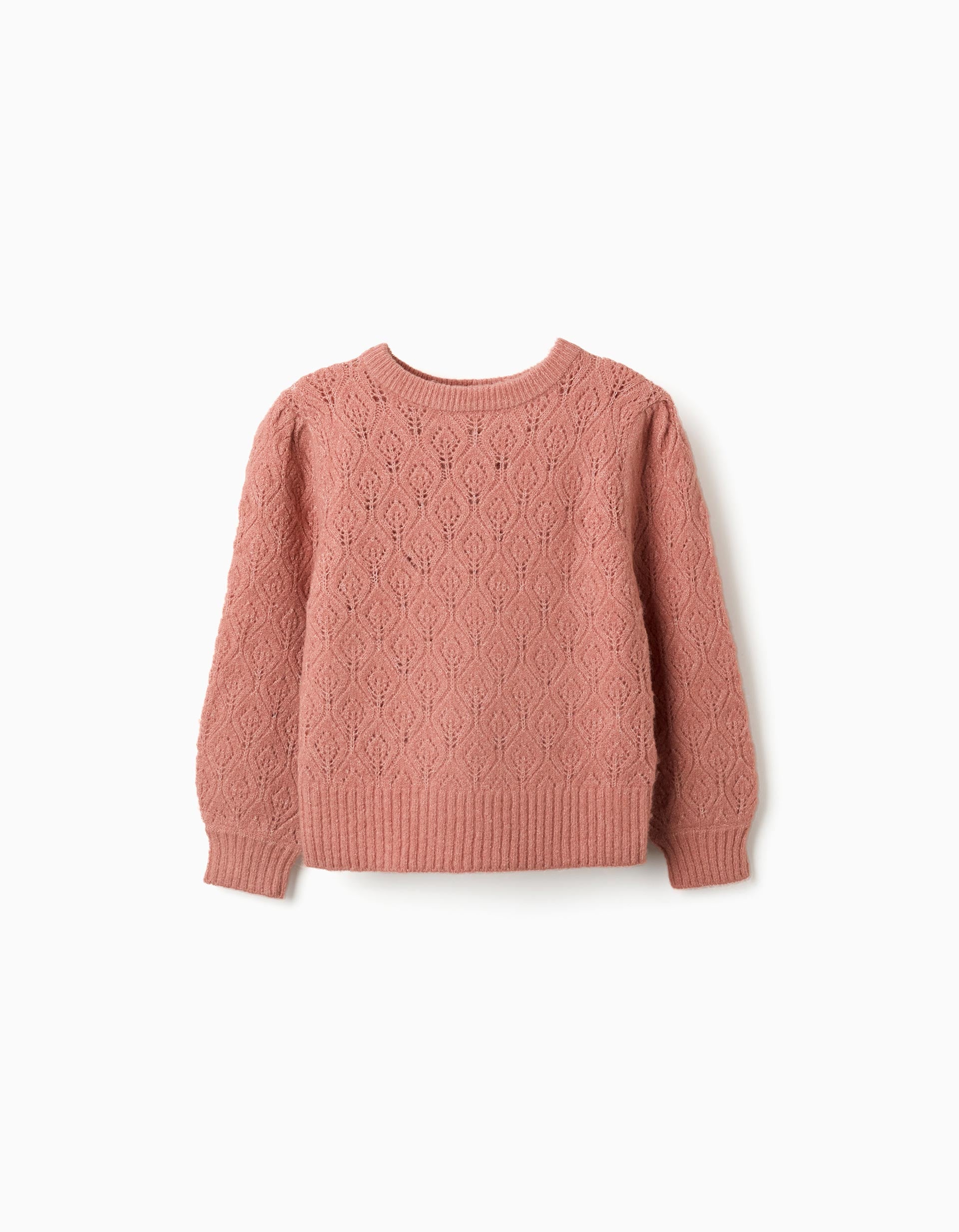 Jersey de punto calado con mangas abullonadas para niña, rosa