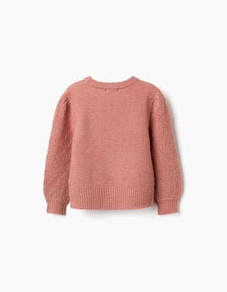 Jersey de punto calado con mangas abullonadas para niña, rosa
