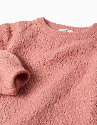 Jersey de punto calado con mangas abullonadas para niña, rosa