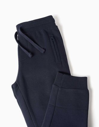 Fleece joggers with drawstring and pockets for boys, navy blue