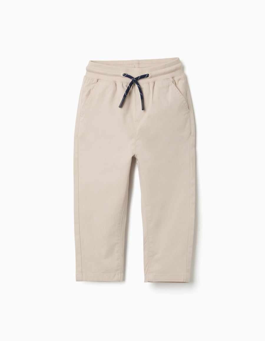 Slim fit twill trousers with drawstring for baby boys, light beige