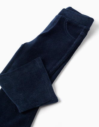Jegging for girls, corduroy, flare, adjustable waist, patch pockets, blue