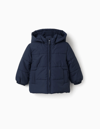 Puffer jacket with detachable hood for baby boys, navy blue