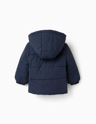 Puffer jacket with detachable hood for baby boys, navy blue