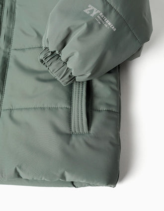 Puffer jacket with detachable hood for baby boys, dark green