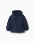 Hooded puffer jacket with fleece lining for boys, navy blue