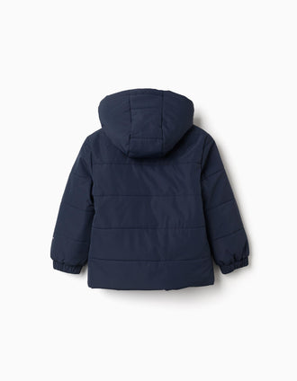 Hooded puffer jacket with fleece lining for boys, navy blue