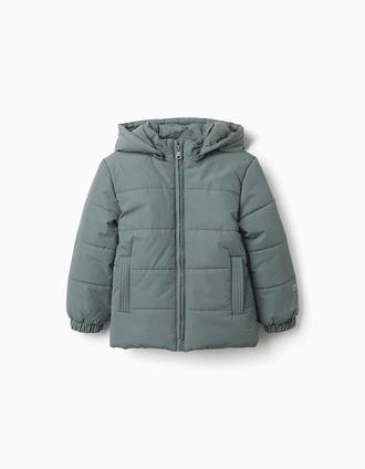 Hooded puffer jacket with fleece lining for boys, dark green