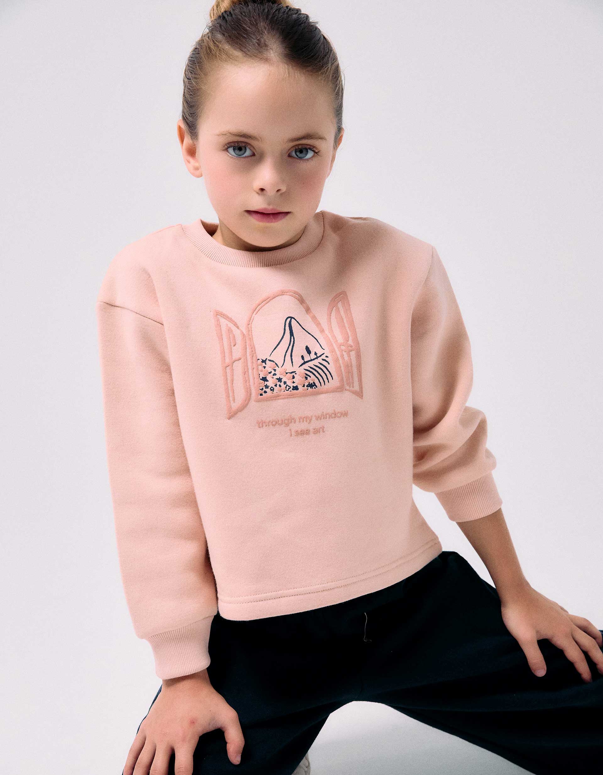 Brushed jogging set with art print for girls, light pink/navy blue