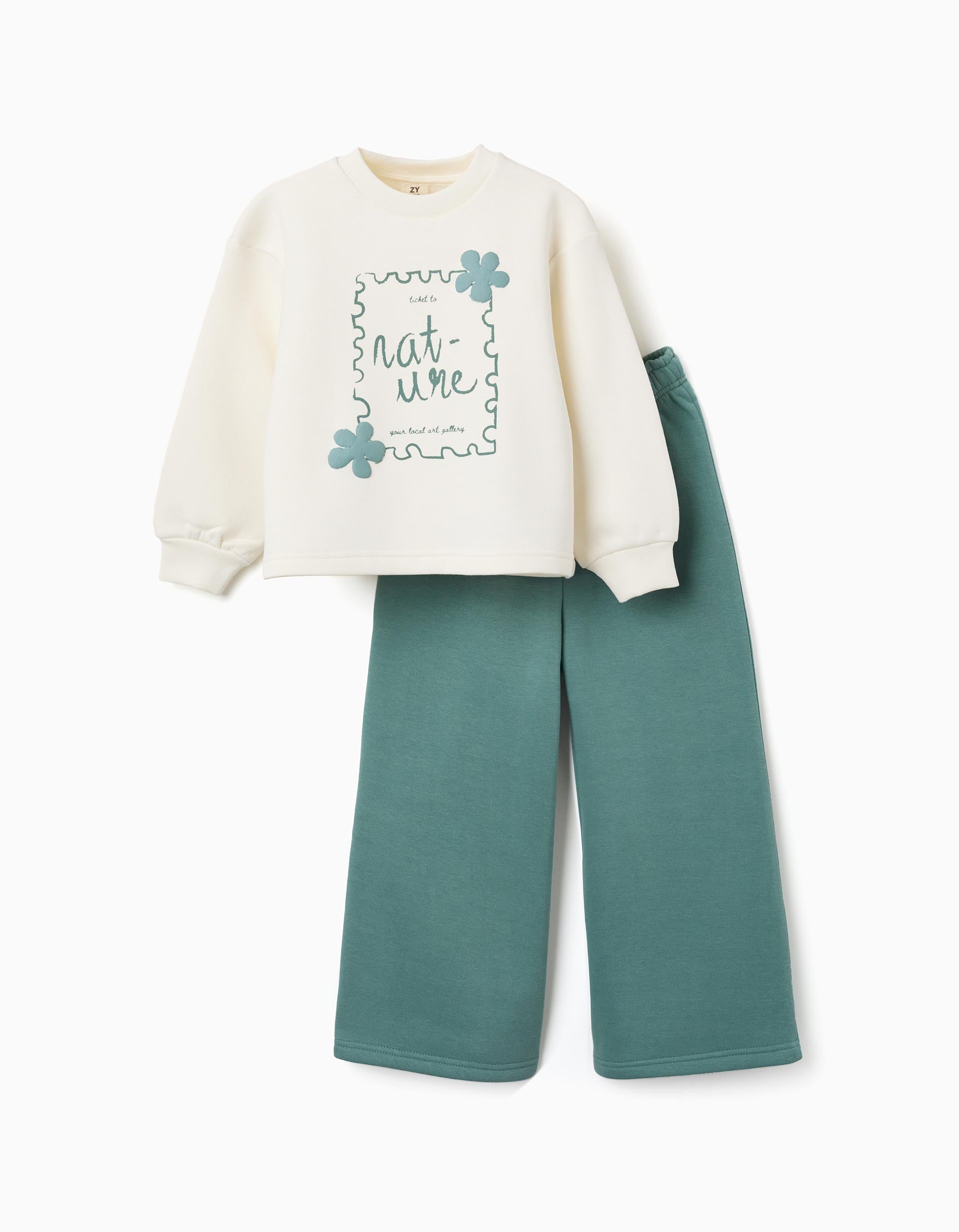Brushed jogging set with art print for girls, white/green