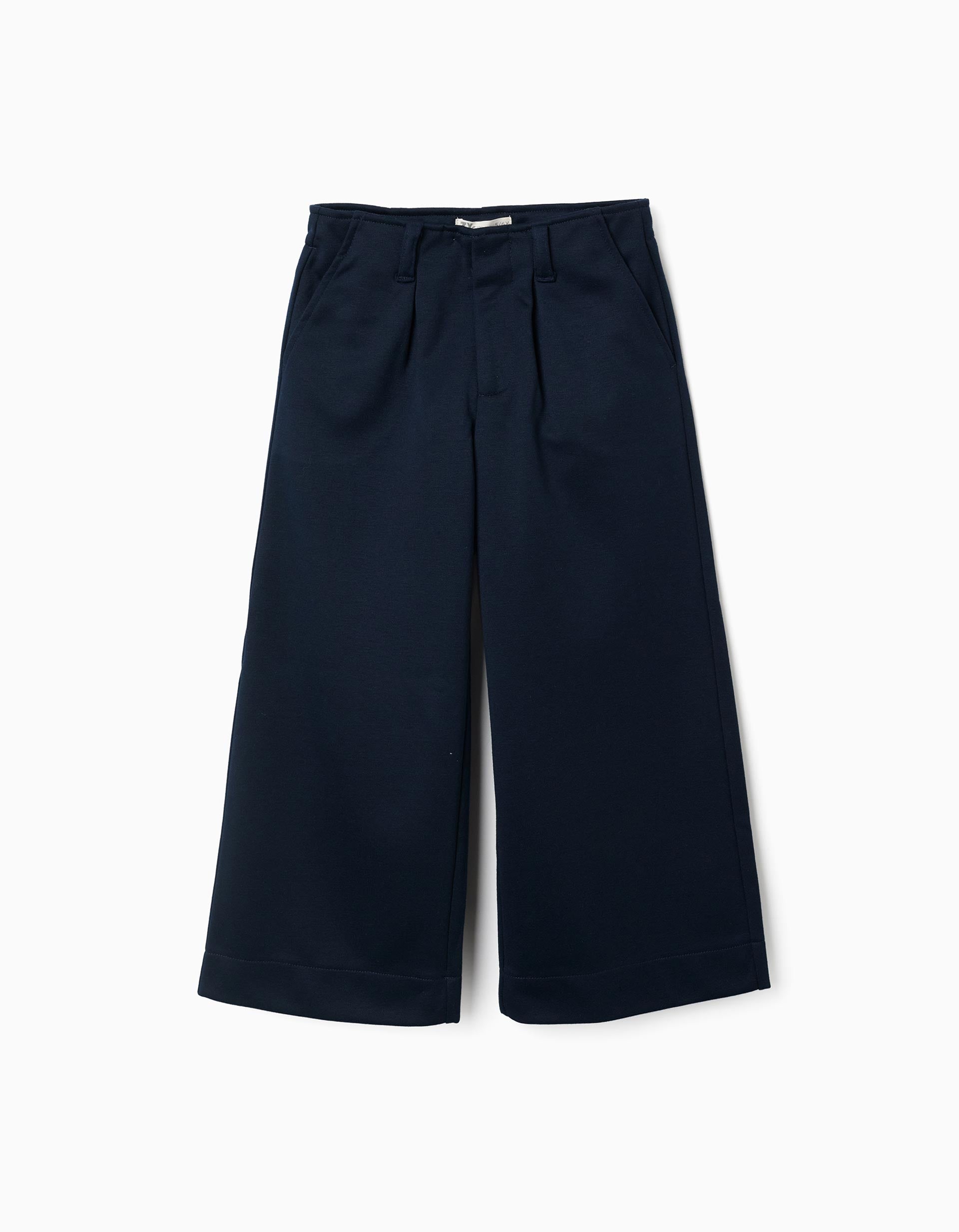 Pantalon à jambe large en maille interlock pour fille, bleu marine