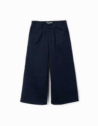 Pantalon à jambe large en maille interlock pour fille, bleu marine