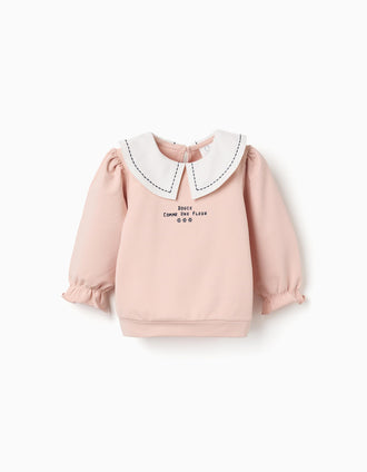 Sudadera de algodón con cuello bordado para bebé niña, rosa claro