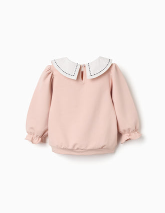 Sudadera de algodón con cuello bordado para bebé niña, rosa claro