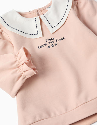 Sweat en coton avec col brodé pour bébé fille, rose clair