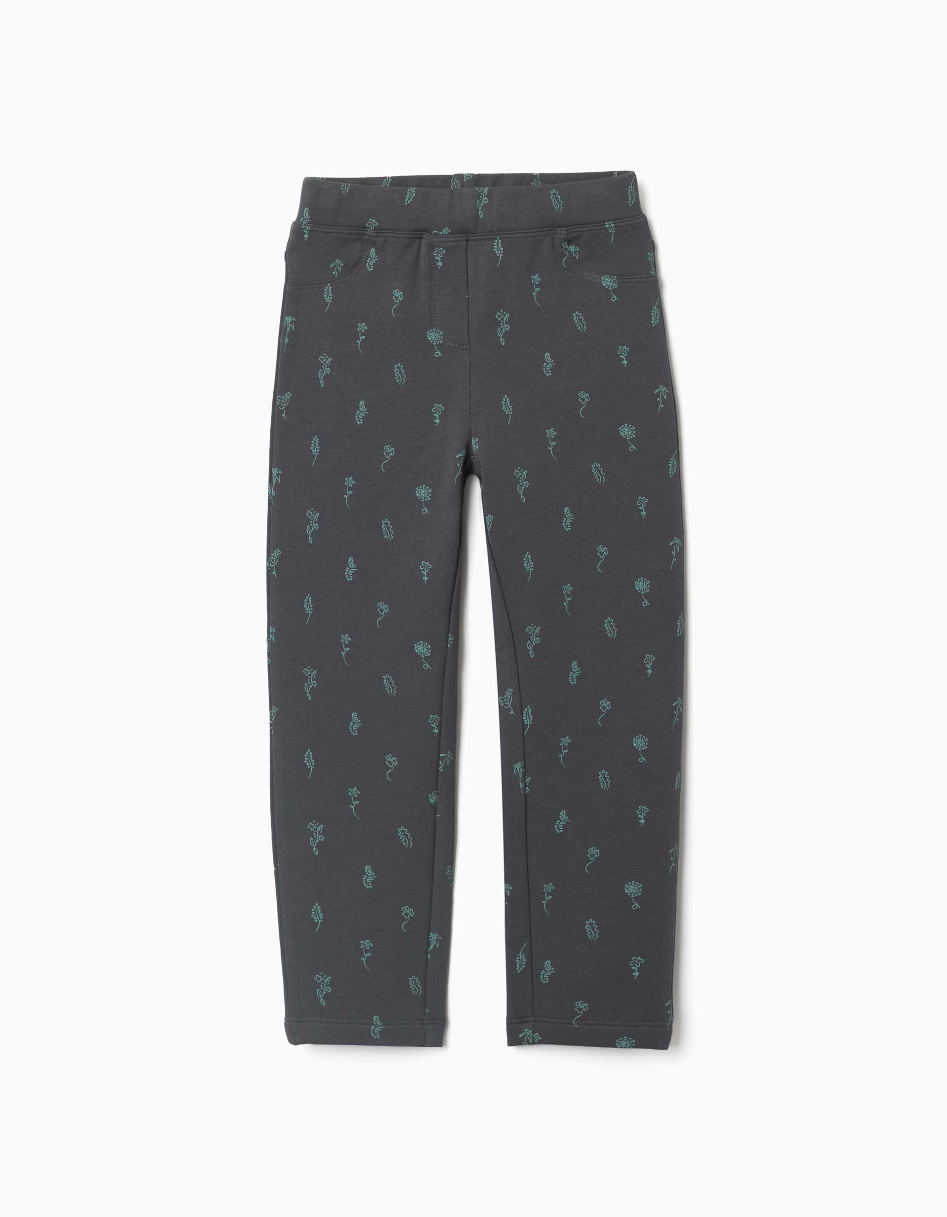 Jeggings skinny cardados com estampado floral para menina, cinza-escuro