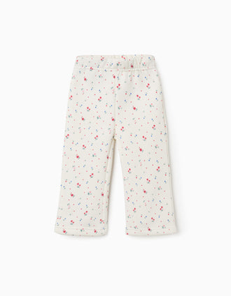 trousers for girls, floral print, adjustable waistband, off-white