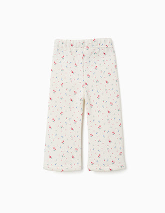 trousers for girls, floral print, adjustable waistband, off-white