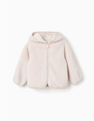 Hooded plush jacket with front zip for baby girls, light beige
