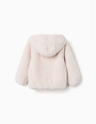 Hooded plush jacket with front zip for baby girls, light beige