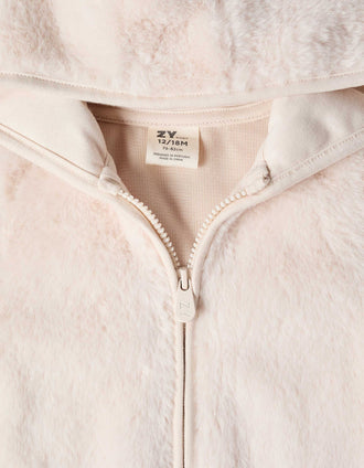 Hooded plush jacket with front zip for baby girls, light beige