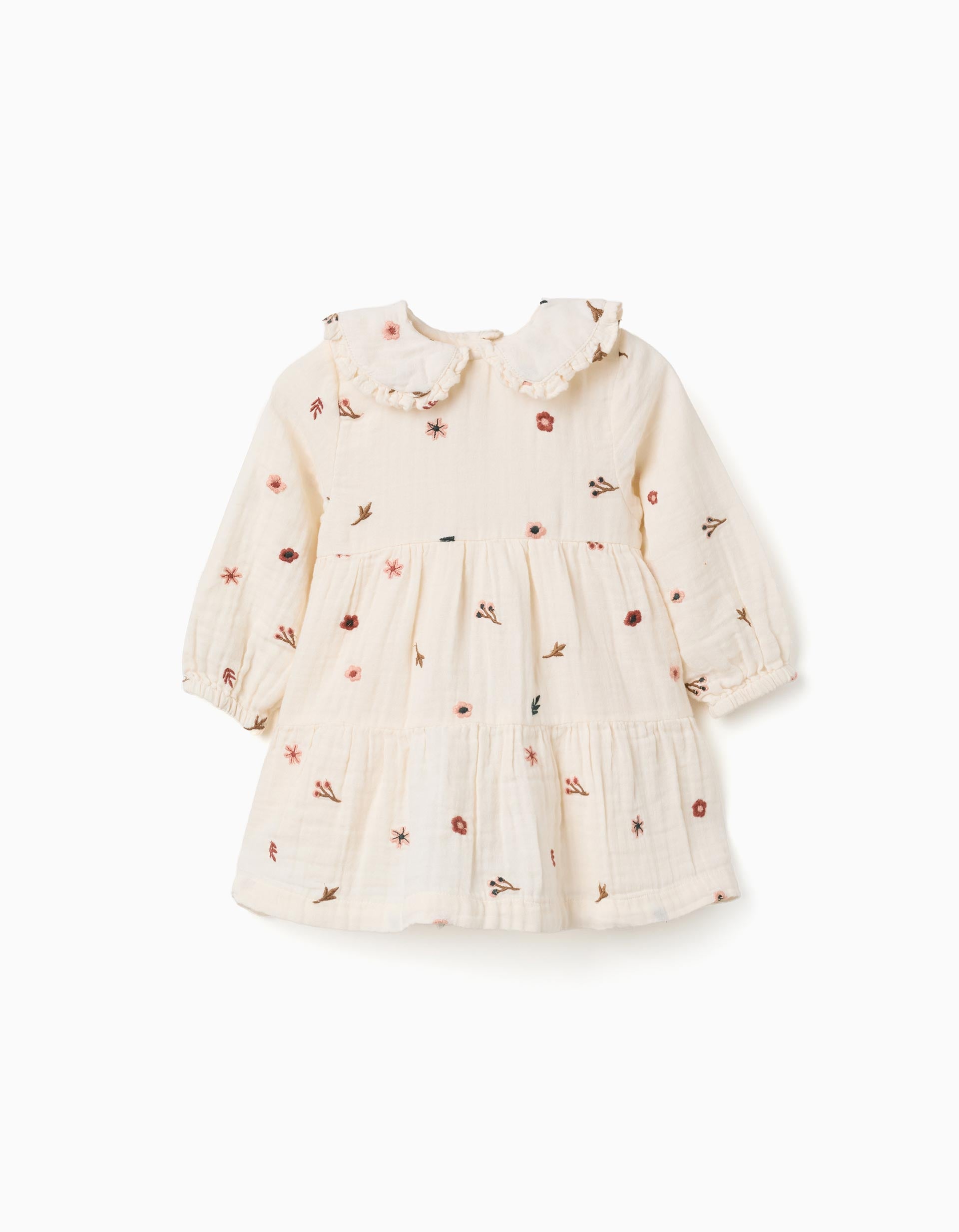 Robe en coton à manches longues et broderie florale pour bébé fille, blanc