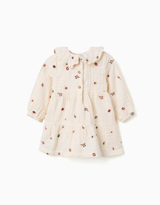 Robe en coton à manches longues et broderie florale pour bébé fille, blanc