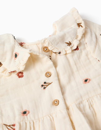 Robe en coton à manches longues et broderie florale pour bébé fille, blanc
