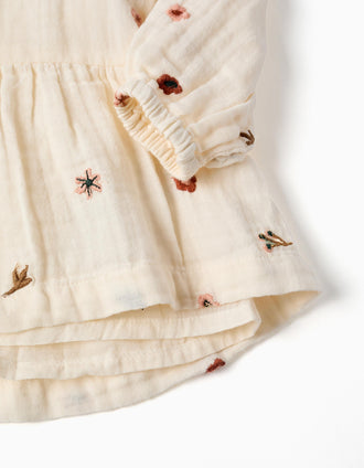 Robe en coton à manches longues et broderie florale pour bébé fille, blanc