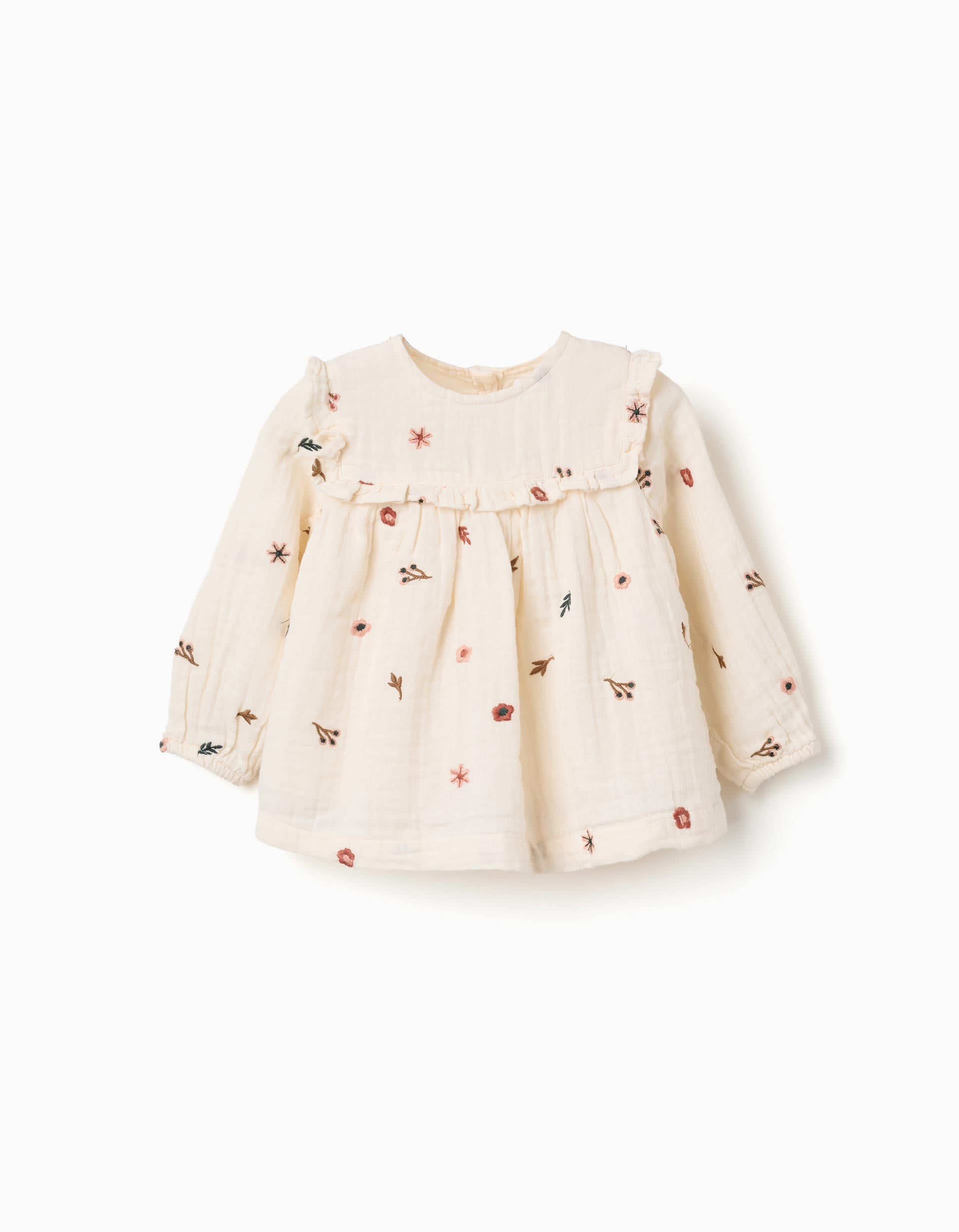 Blusa de manga larga de algodón con flores bordadas para bebé niña, blanco