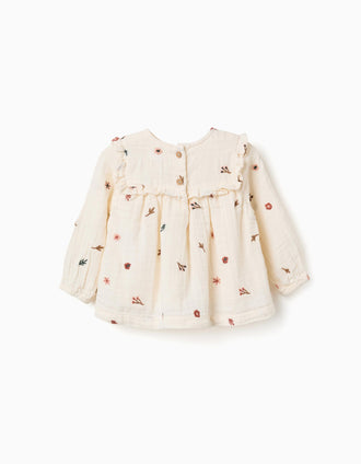 Blusa de manga larga de algodón con flores bordadas para bebé niña, blanco