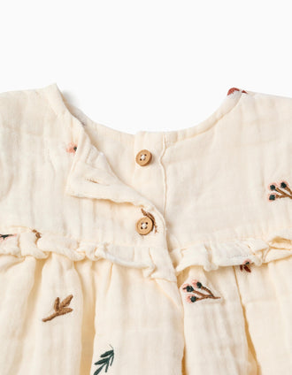 Blusa de manga larga de algodón con flores bordadas para bebé niña, blanco