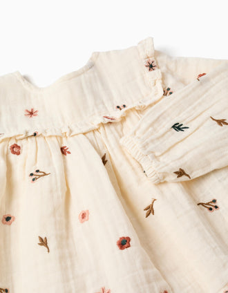 Blusa de manga larga de algodón con flores bordadas para bebé niña, blanco