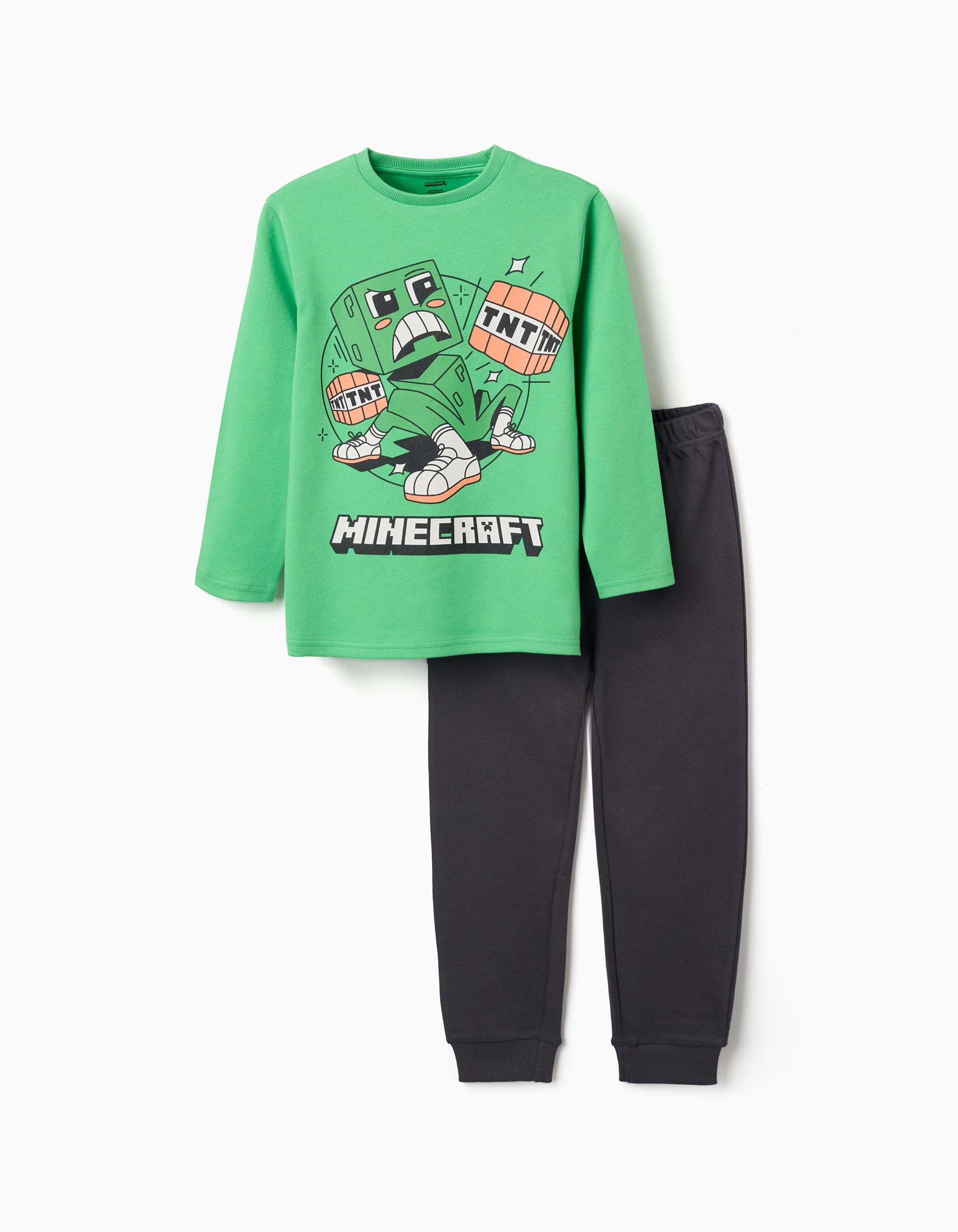 Pyjama en coton à manches longues Minecraft pour garçon, vert/gris