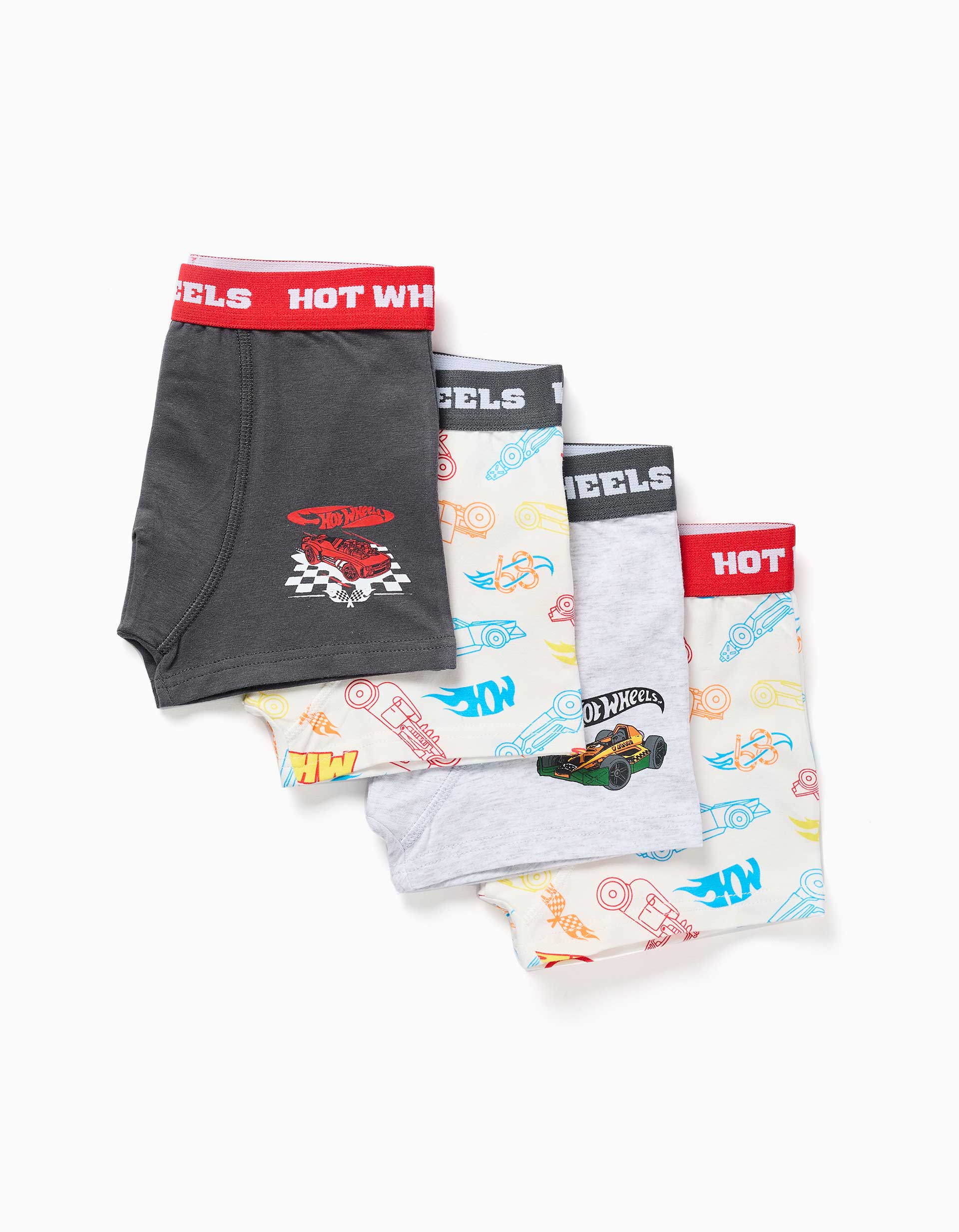 Pack de 4 boxers com estampados Hot Wheels para menino, branco/cinza