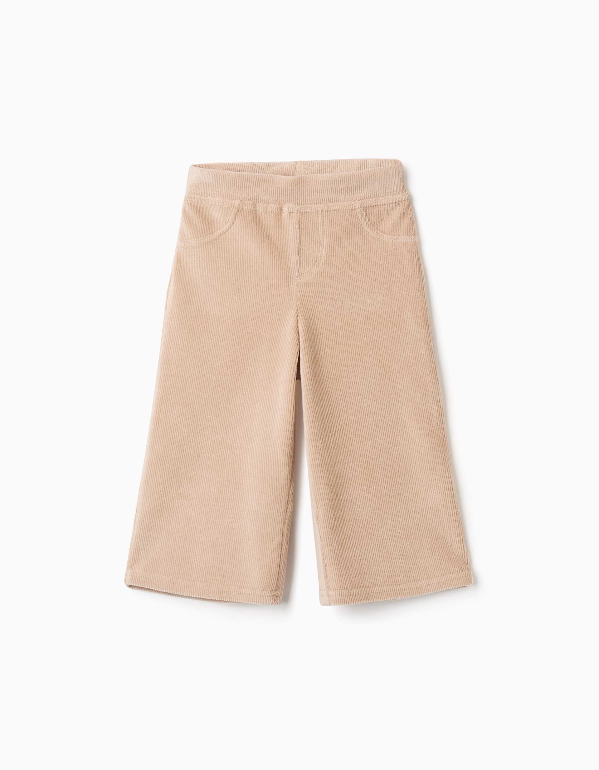 Corduroy trousers for girls, wide leg, adjustable waist, patch pockets, beige