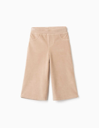 Corduroy trousers for girls, wide leg, adjustable waist, patch pockets, beige