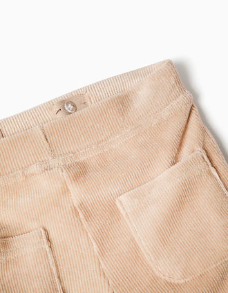 Corduroy trousers for girls, wide leg, adjustable waist, patch pockets, beige
