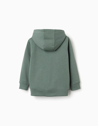 Cotton hooded jacket with ZY bouclé embroidery for boys, dark green