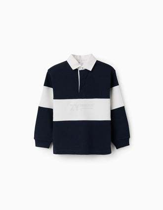 Sweat com gola polo e bloco de cores para menino, branco/azul-marinho